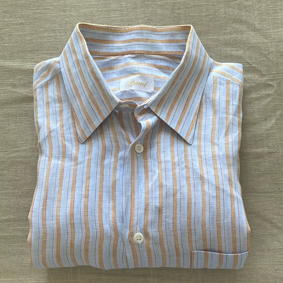 BRIONI ITALY 100% LUXURY LINEN SHIRT Mens Large Blue Stripe Short Sleeve - Picture 2 of 13
